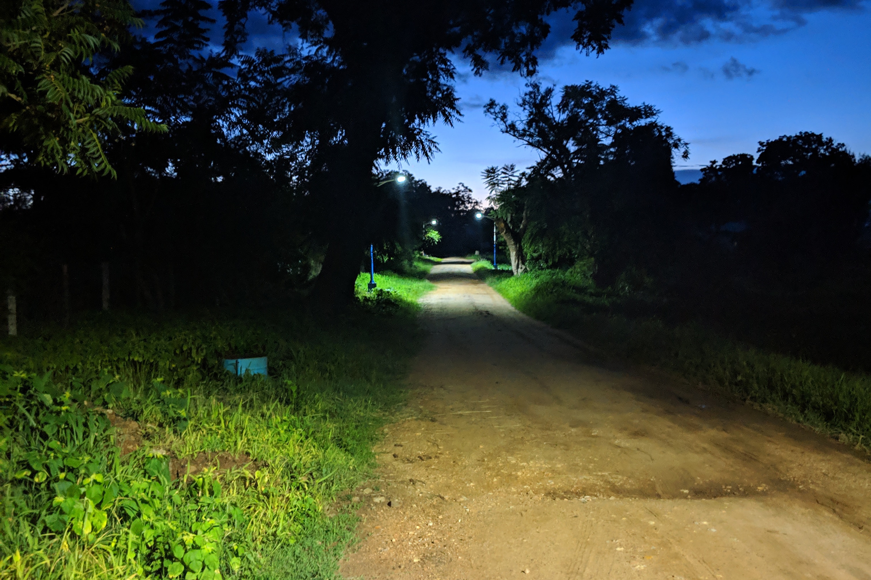 lighted dirt road