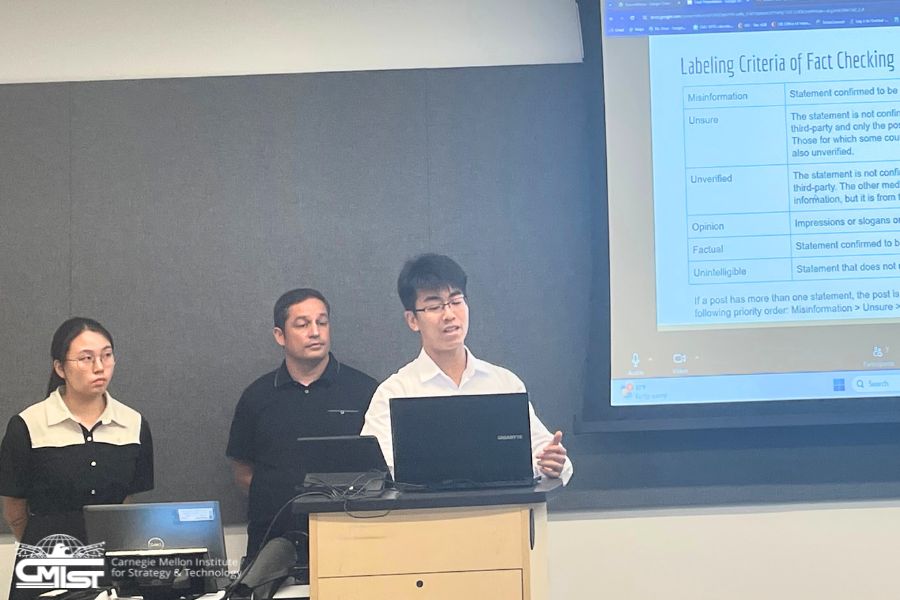 MITS students give their capstone presentation in August 2024. From left to right: Ashley Chung, Pablo Marin Vicuña, and Katsuya Nakano. Not pictured: Seth Bolden