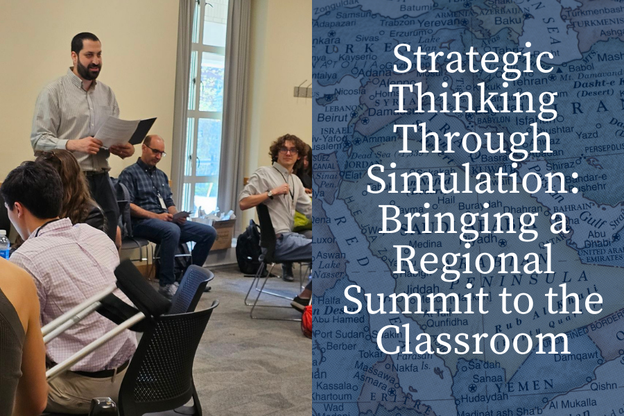Prof. Dan Silverman facilitates the participation of students in his War and Peace in the Contemporary Middle East course during the simulation of a regional summit