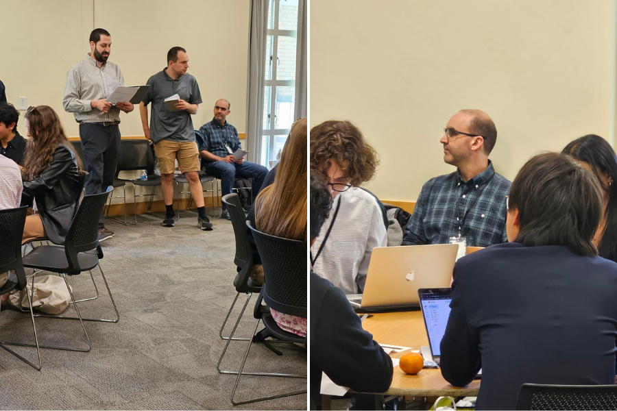 Left: CMIST Prof. Dan Silverman gives direction to students; Right: CMIST U.S. Coast Guard Fellow Ken Sauerbrunn observes the working groups during the simulation 