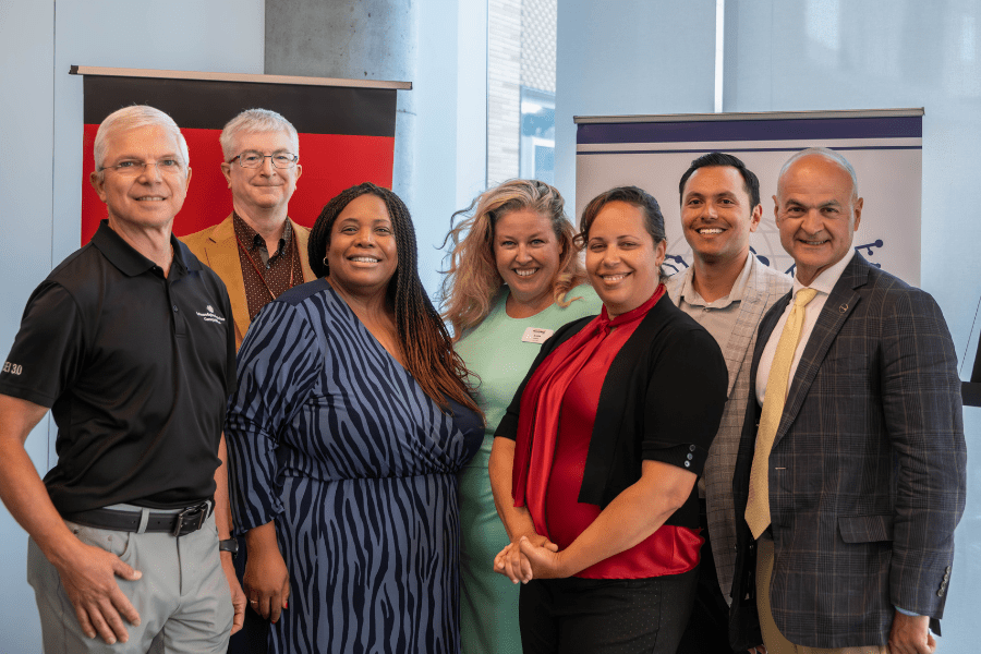 L-R: SEI Associate Director, Program Development and Transition and Veterans Alliance ERG Harold Ennulat, ROTC and Veterans Affairs Coordinator Mike Danko, Center for Student Diversity and Inclusion Executive Director M. Shernell Smith, Heinz College Associate Director of Student Affairs Annie Julian, Center for Informed Democracy & Social -cybersecurity (IDeaS) center Manager Sienna Watkins, CMIST US Navy USSOCOM Fellow Nick Albarracin, CMIST Deputy Director for Security Policy Studies Ralph López