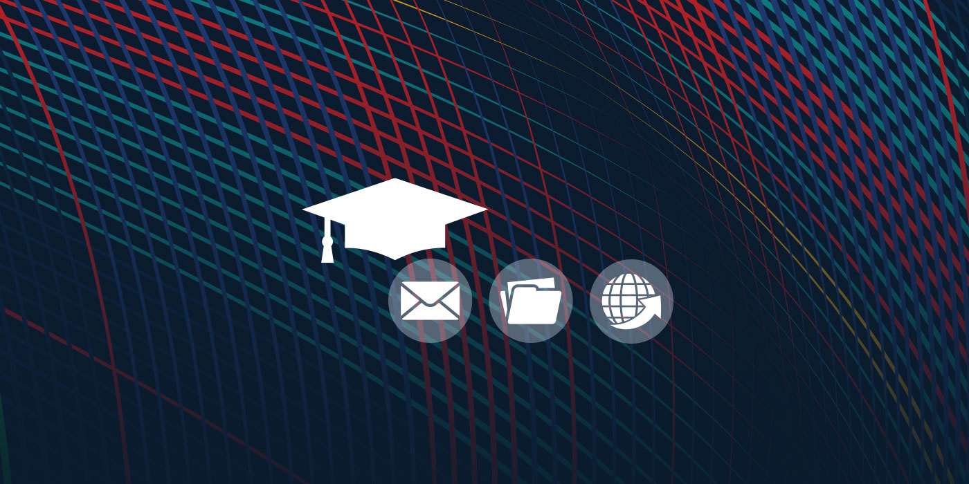 Illustration of a graduation cap with icons representing electronic files, email, and software.