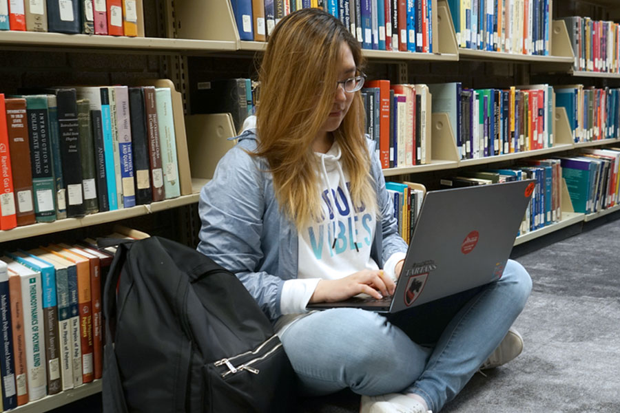 Photo of a student using their lap top in the library.