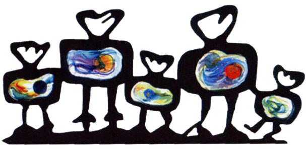 black figures with technicolor bellies hold hands