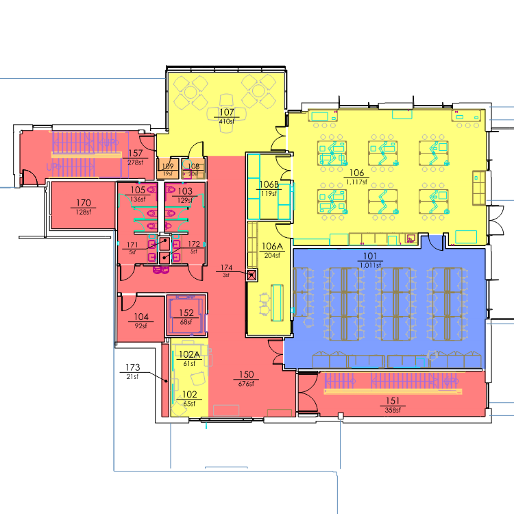 sample of building floor plan, shaded by occupying organization