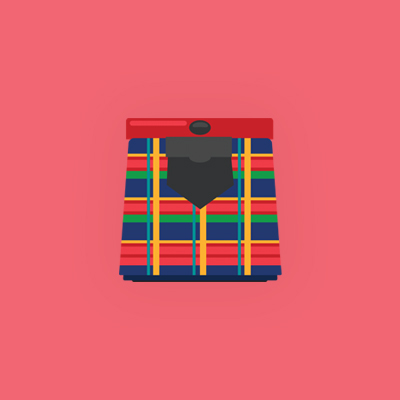 graphic of a kilt in the tartan design and colors on a red background