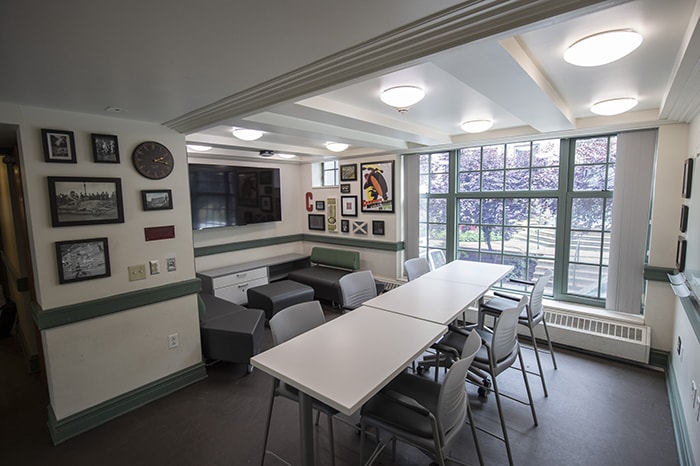 Scobell lounge - flexible seating, a large TV, and lots of archival CMU history to peruse