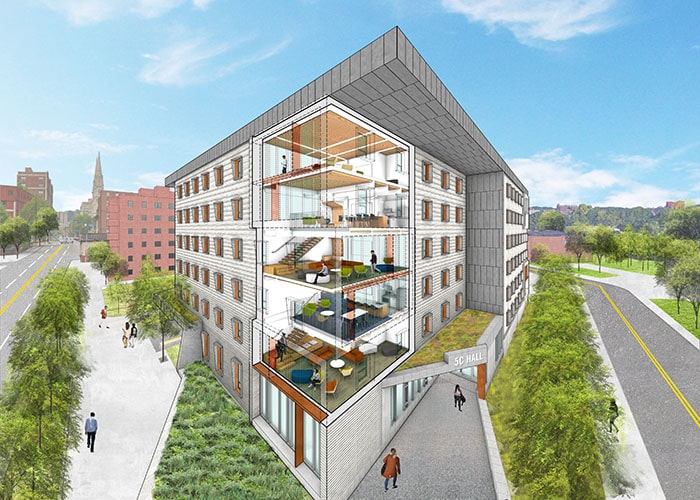rendering of Fifth Clyde a multi-floor residence hall looking into the floor lounges