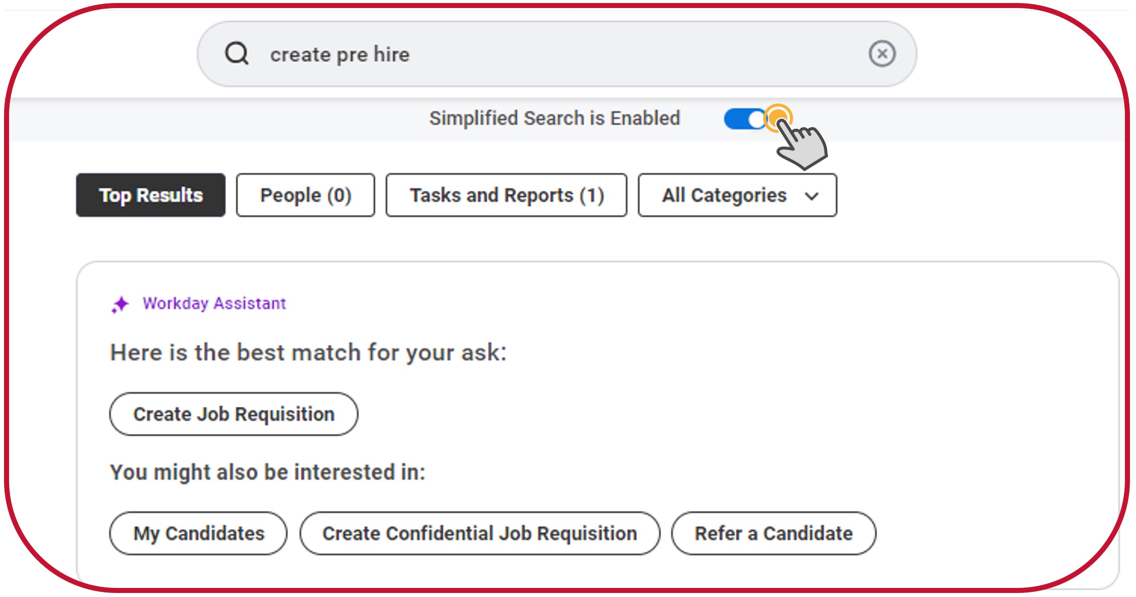 Workday Search Bar with Simplified Search Enabled