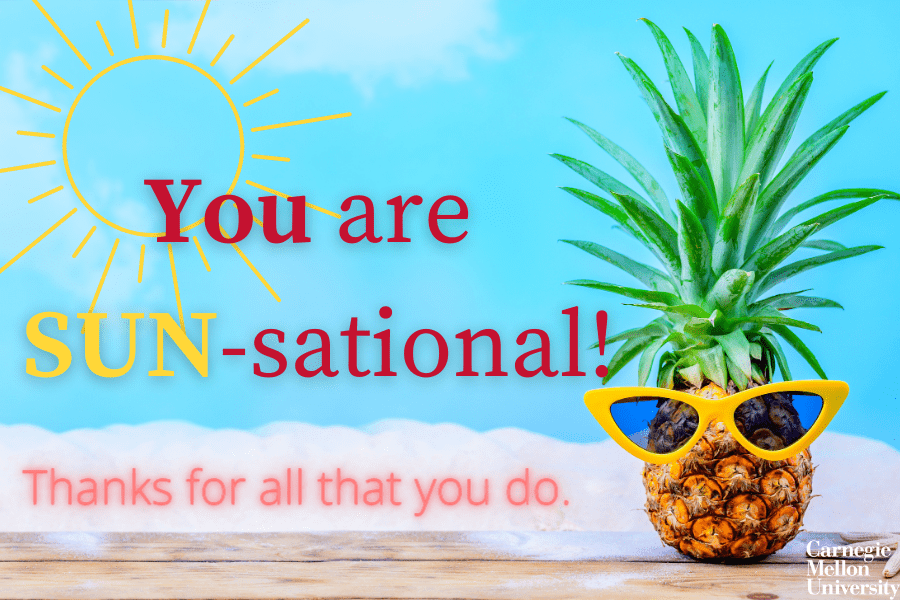 eCard with image of a sun and a pineapple wearing sunglasses. Text says You Are SUN-Sational! Thanks for all that you do.