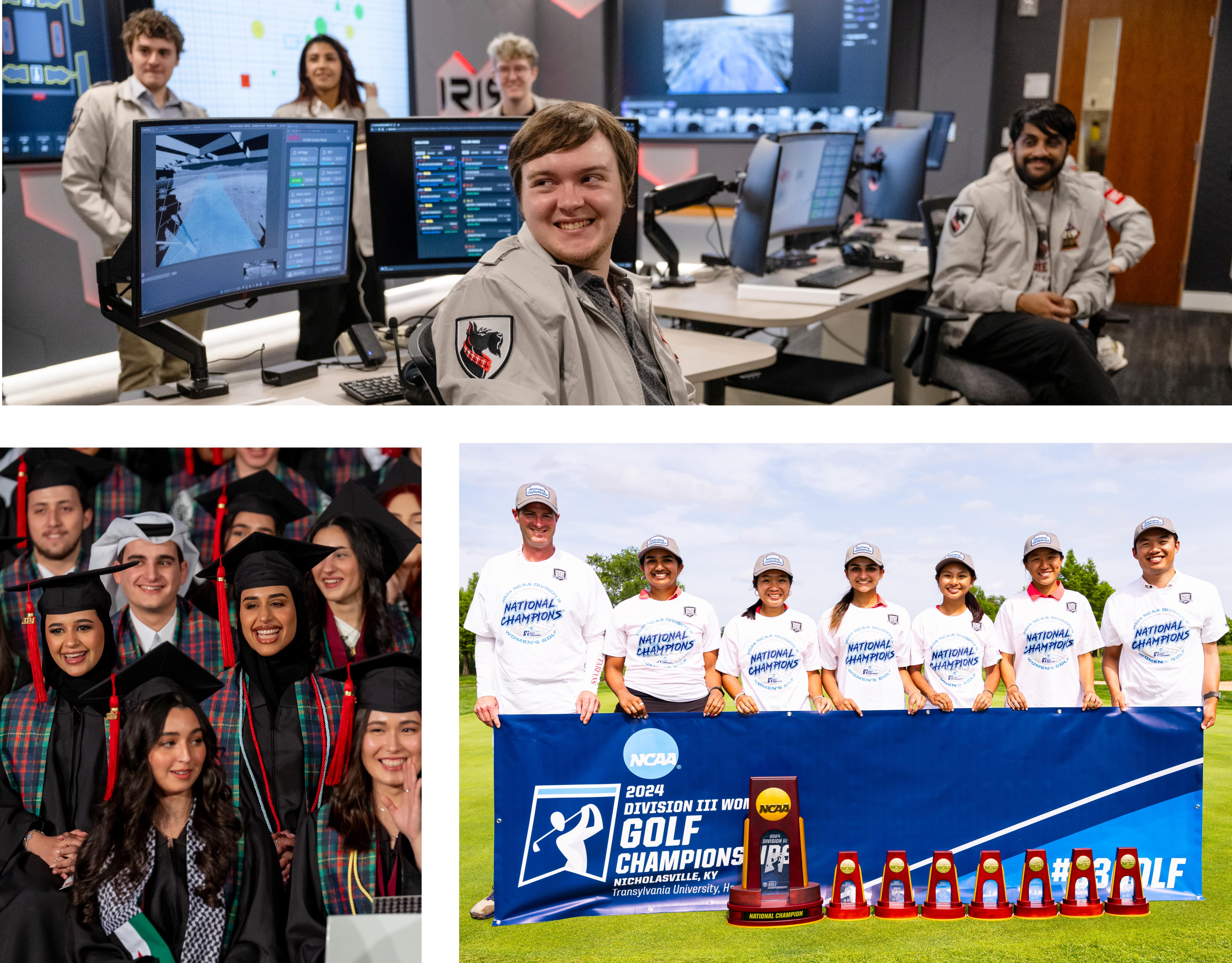 A photo collage of record setting events from CMU's 2023-24 academic year, including the women's golf team and graduates from CMU Qatar. 