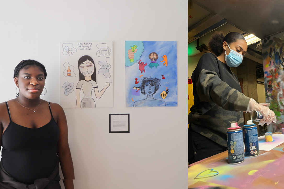 LEAP student, London, standing next to a drawing she created. Next to that image is a picture of LEAP student, Jayona, spray painting.