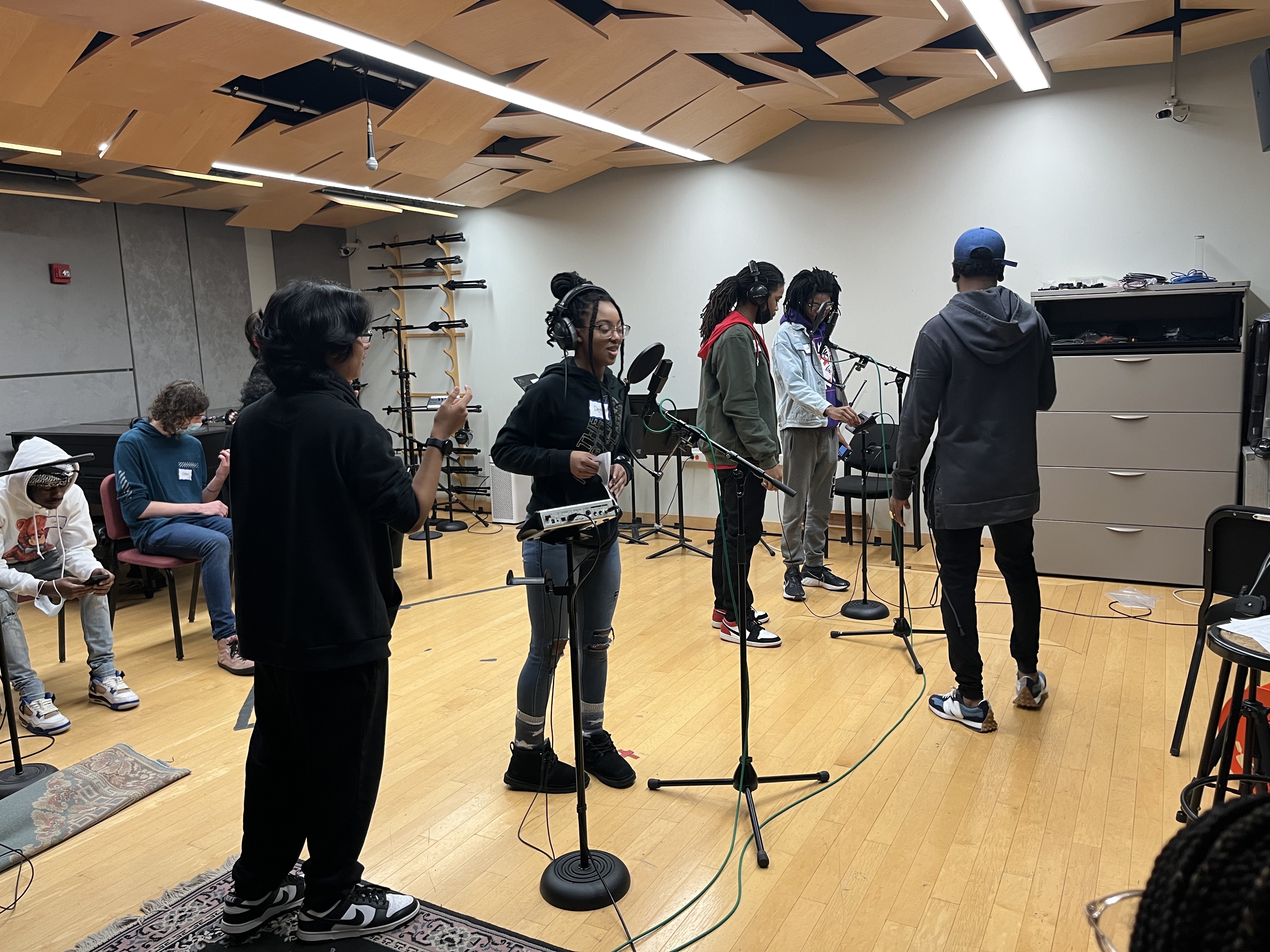 LEAP students recording an original song in a recording studio