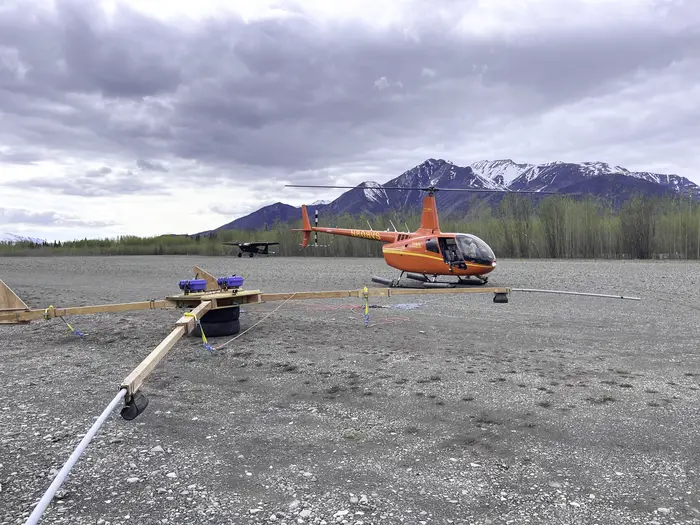 An orange helicopter.