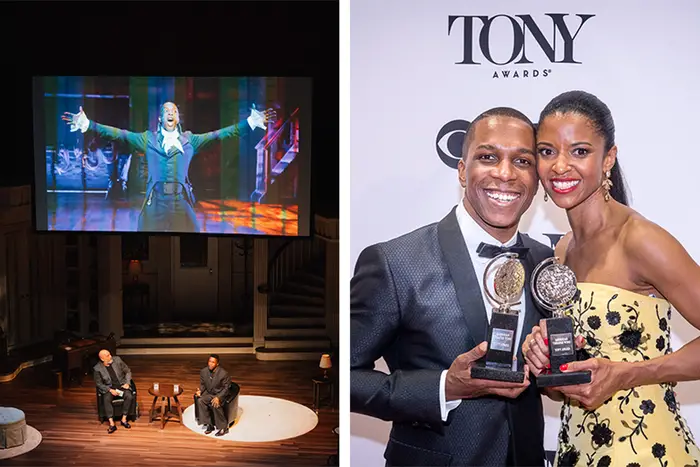 Two photographs: On the left, Leslie Odom on stage underneath a photo of his performance in "Hamilton," and posing with Renee Elise Goldsberry and their Tony Awards.