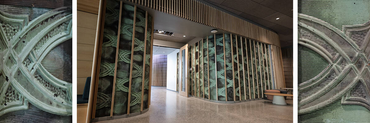 A triptych of Copper fascia from North Gym and Thistle Hall roofs in the new Highmark Center. 