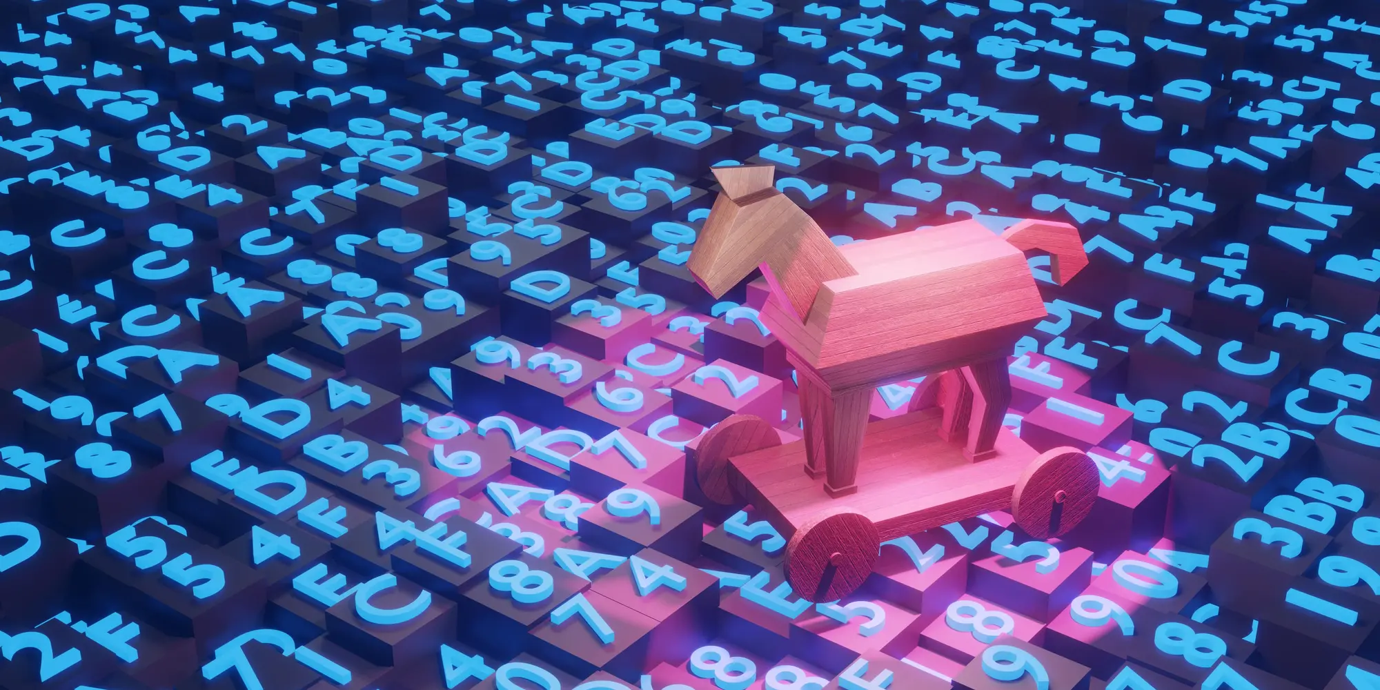 Trojan horse on top of blocks of hexadecimal programming codes. Illustration of the concept of online hacking, computer spyware, malware and ransomware. stock photo