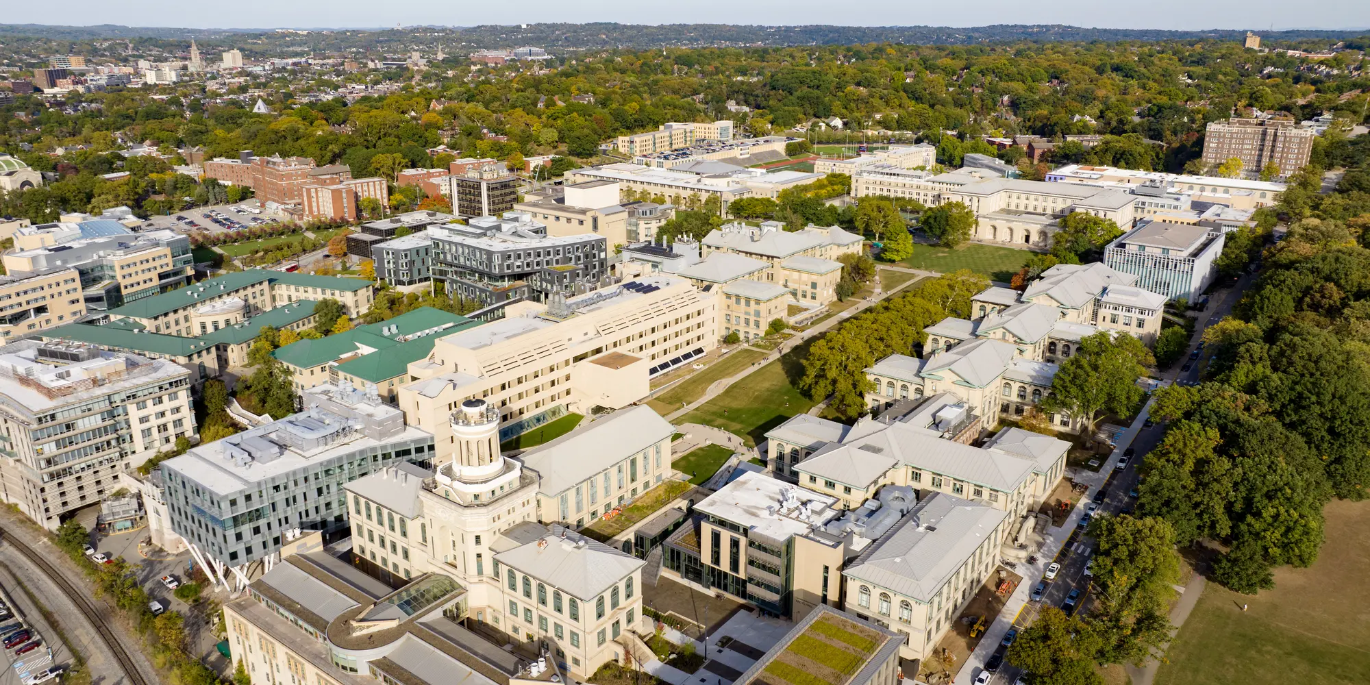 An aerial photograph of Carnegie Mellon's campus in the fall.