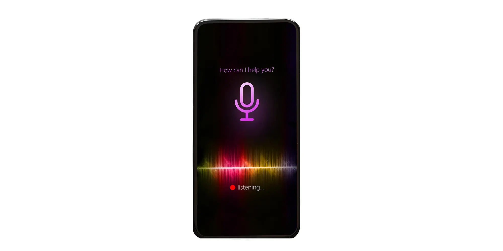 A cell phone using a voice assistant with the text "how may I help you?"
