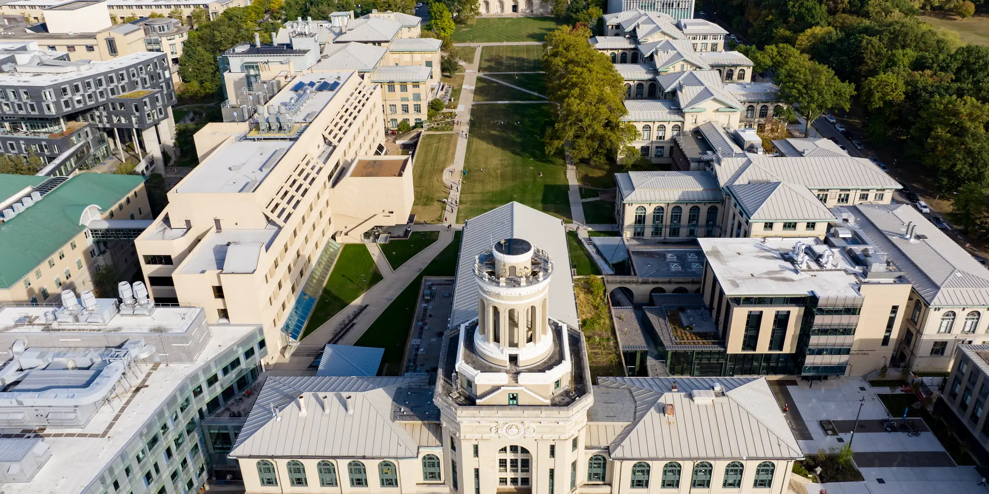 Aerial photograph of buildings on CMU campus. 