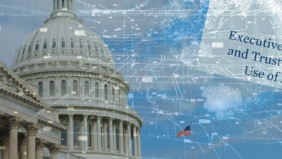 A graphic of the capitol and a generative AI bill