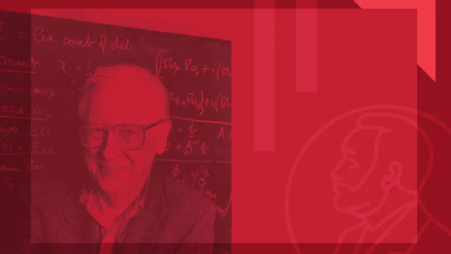 A red graphic featuring a picture of John Pople.