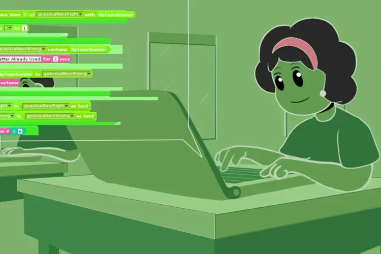 A graphic depicting a student coding.