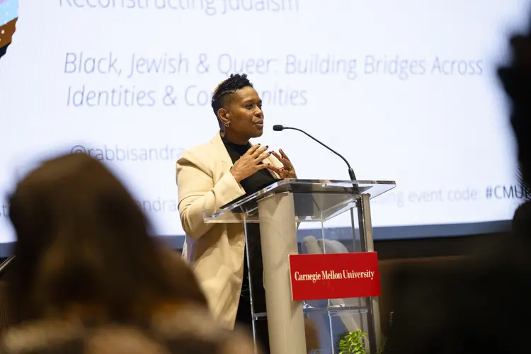 Rabbi Sandra Lawson speaks during the 2024 Pride Keynote Lecture at CMU.
