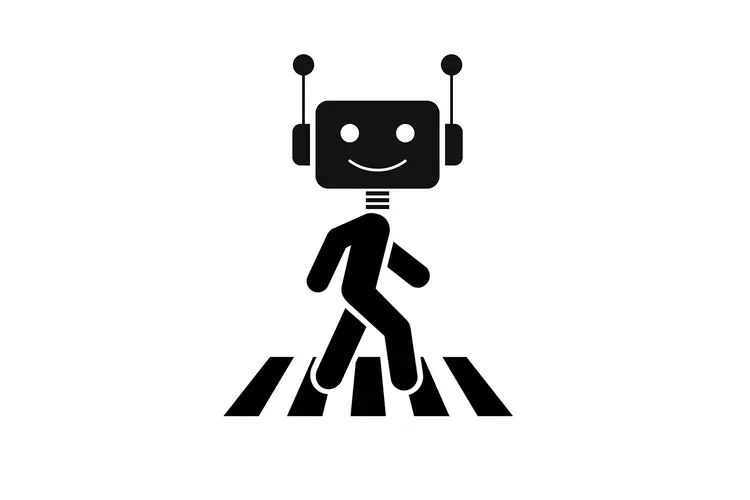 A black and white graphic of a robot at a crosswalk