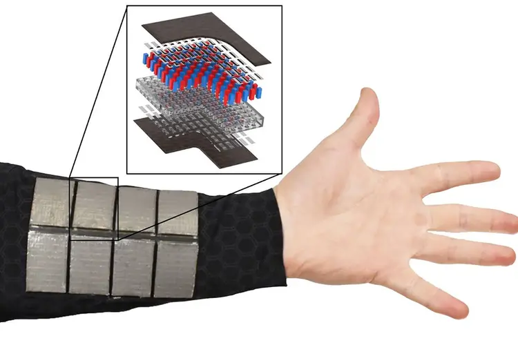 A diagram showing a hand wearing a new material system that can draw power from body heat. 