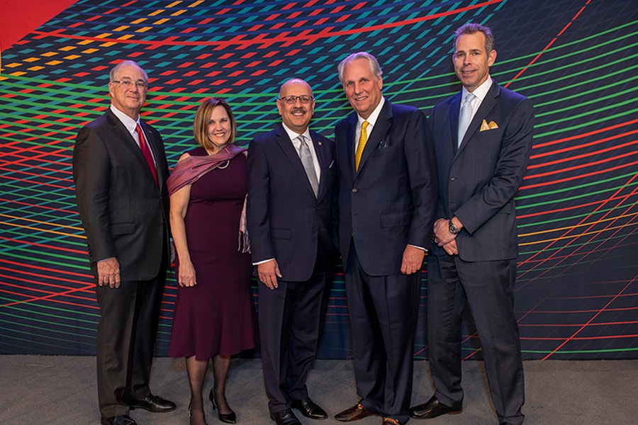 photo of Jim Rohr (CMU’s Chairman of the Board of Trustees and trustee of the Allegheny Foundation), Tris Jahanian, CMU President Farnam Jahanian, Peter Stephaich (trustee of the Allegheny Foundation) and Matt Groll (Chairman of the Allegheny Foundation)