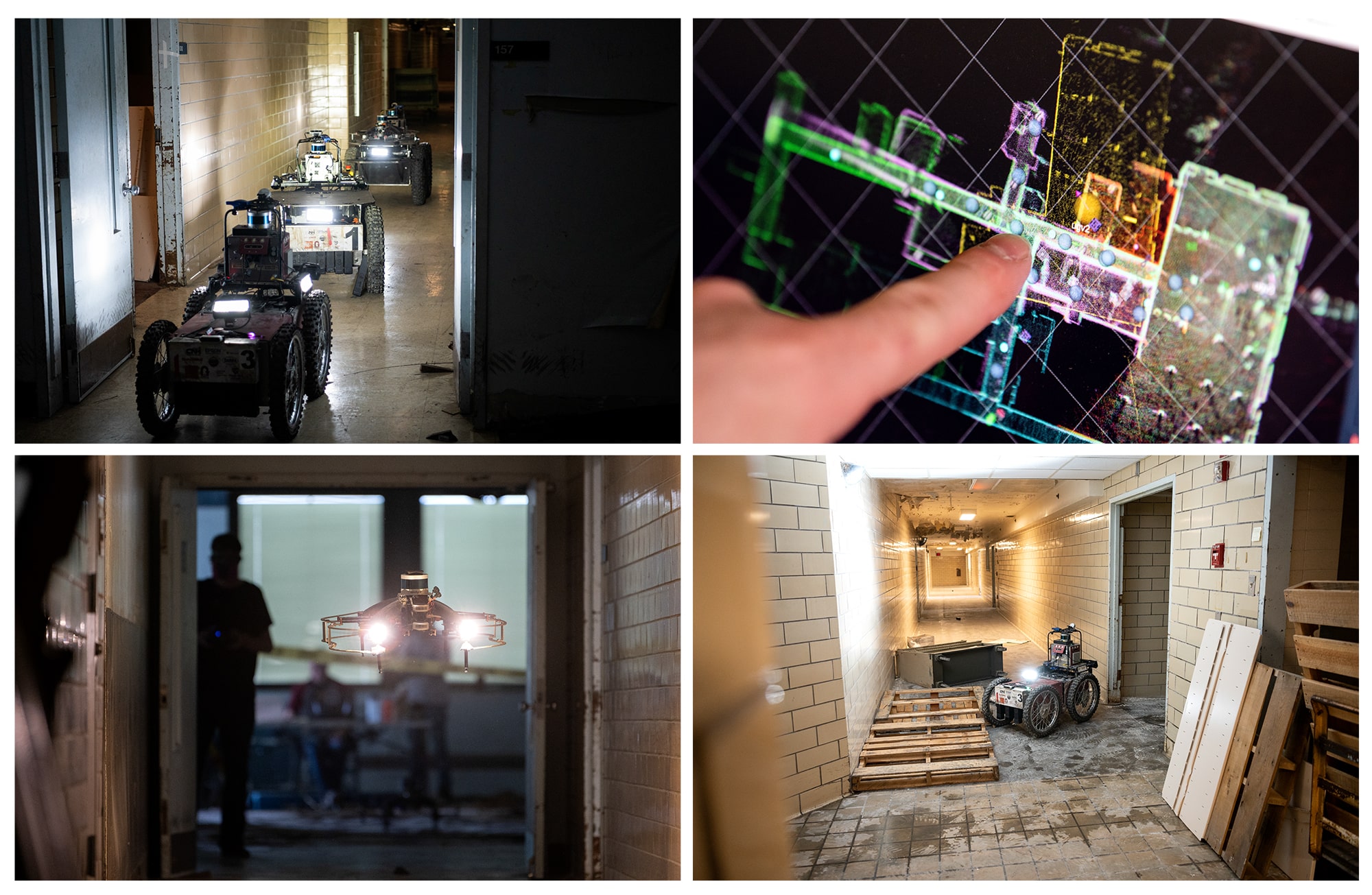 Four images of robots searching a building
