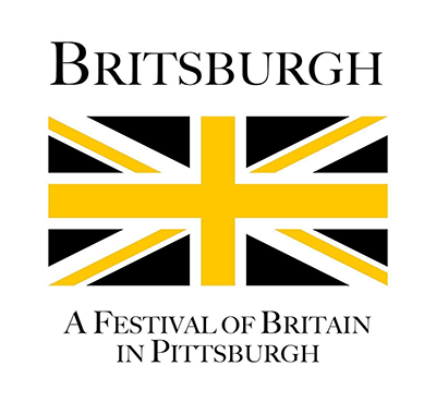 A union jack in black and gold with text Britsburgh A Festival of Britain in Pittsburgh