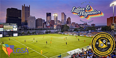 Image of a Riverhounds’ match, with logos for LGSA, the Riverhounds, and Latinx & Hispanic heritage month