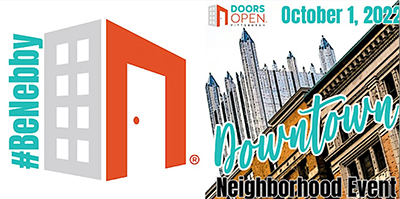 Open Doors logo, with a picture of downtown and text #BeNebby, October 1, 2022, Downtown neighborhood event