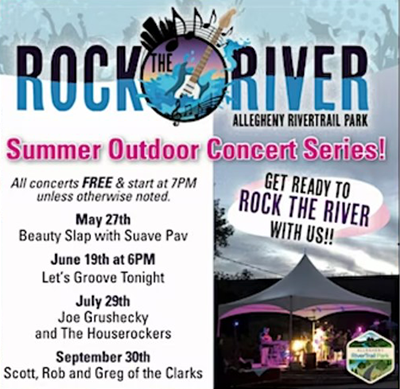 Rock the River event flyer, with past event dates, and text September 30, Scott, Rob, and Greg of the Clarks 