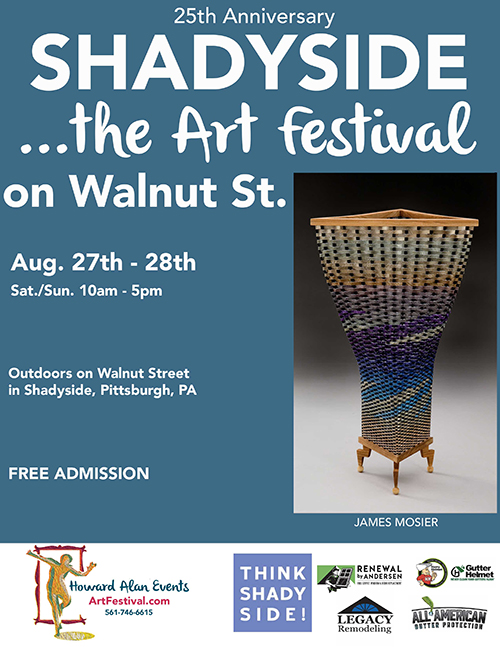 Event poster with text 25th Anniversary Shadyside... the art festival on Walnut St. Aug. 27t - 28th Sat./Sun. 10am-5pm outdoors on Walnut Street Free Admission