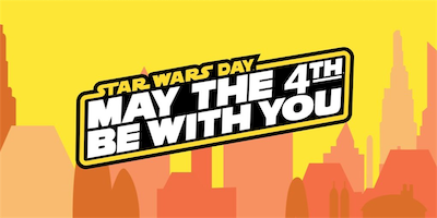 Text in the style of the star wars movie poster that reads may the fourth be with you