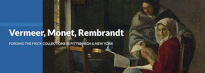 Image of a Vermeer painting of two people looking out and overlayed text Forging the Frick Collections