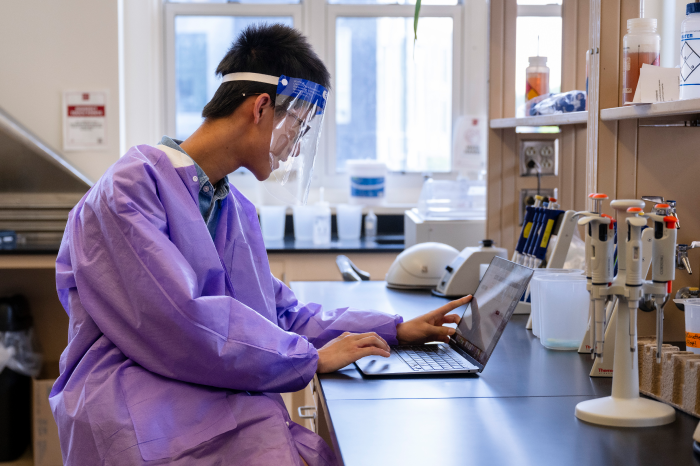 Pre-College Computational Biology student in lab with laptop..