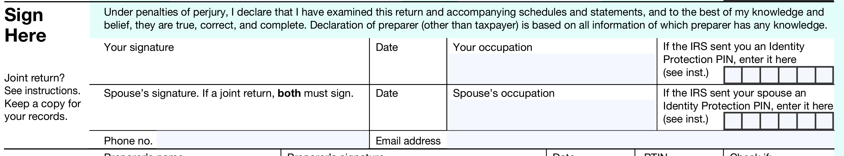 Screen shot of the signature field on Form 1040