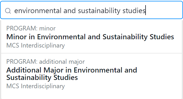 Search bar in stellic displaying a search for environmental and sustainability studies