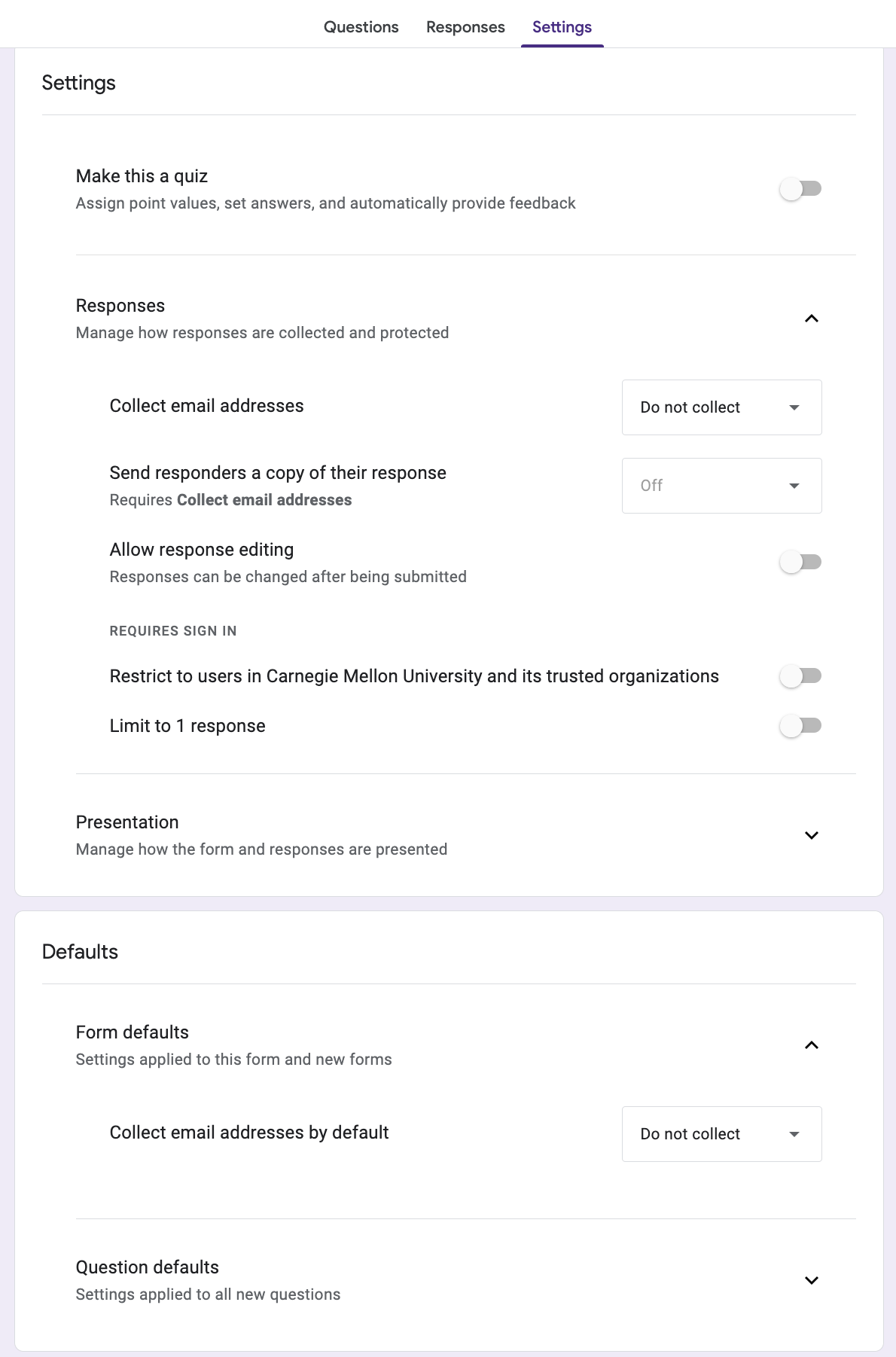 Instructor Survey Template Settings screenshot