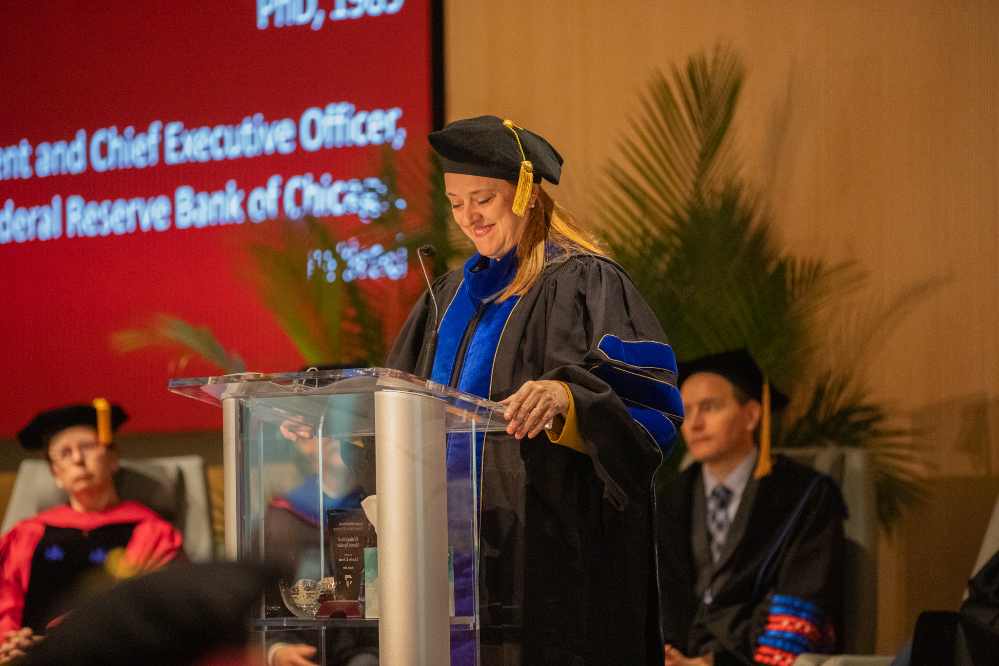 Dean and Richard P. Simmons Professor of Finance Isabelle Bajeux-Besnainou smiled as she delivered a ceremonial speech at the Ph.D. diploma ceremony on May 10.