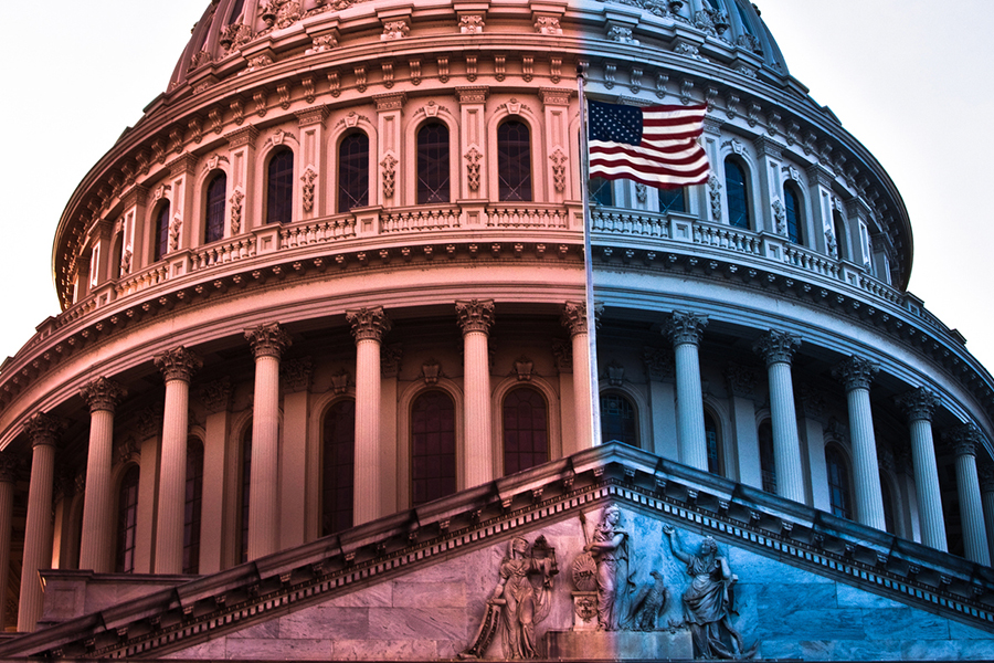 Image of the U.S. Capitol in blue and read, representing political division