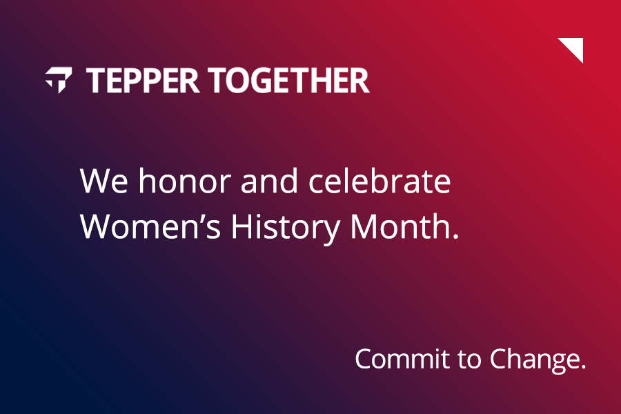 Blue and red background graphic with the words Celebrating and Honoring Women's History Month in white font.