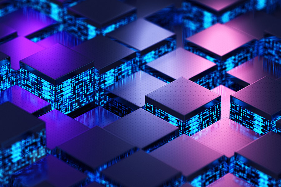 patterned AI graphic in shades of blue and purple