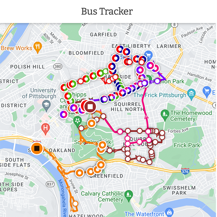 screenshot of bus tracker app
