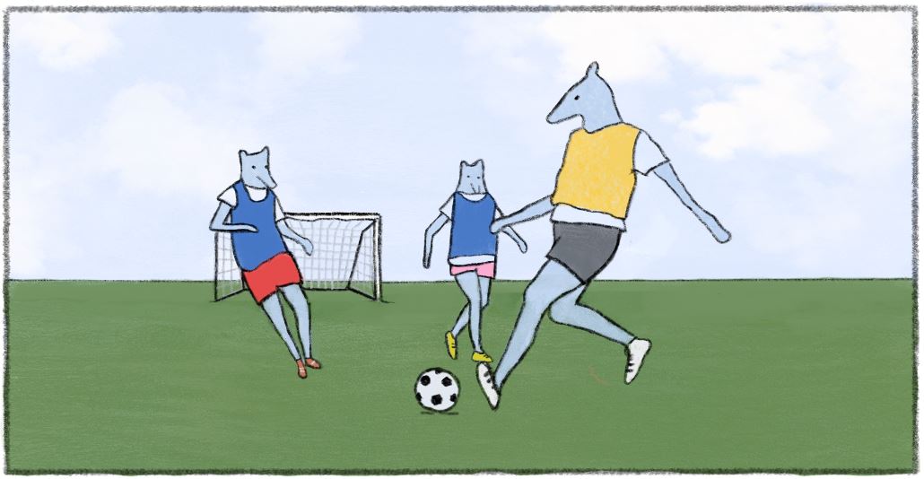 three cartoon animals playing soccer