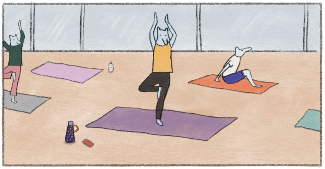 a cartoon animal doing yoga on a purple mat